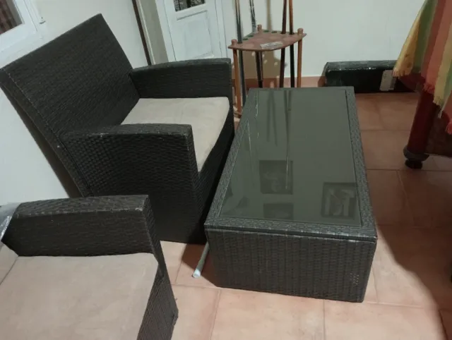 Conjunto Ratan Terraza Mesa Cristal Jardin