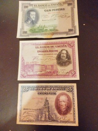 Lote 3 Billetes España 100, 50, 25 Pesetas
