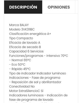 Lavavajillas Compacto Balay 3VK311BC Blanco