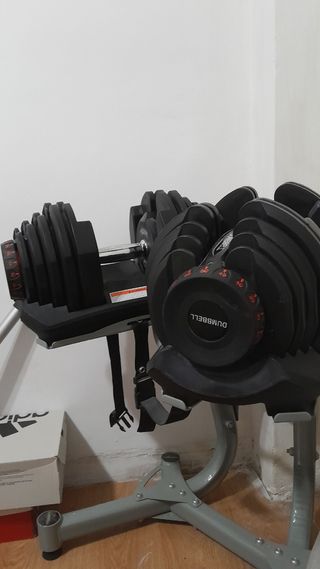 Mancuernas ajustables 90 lbs + soporte