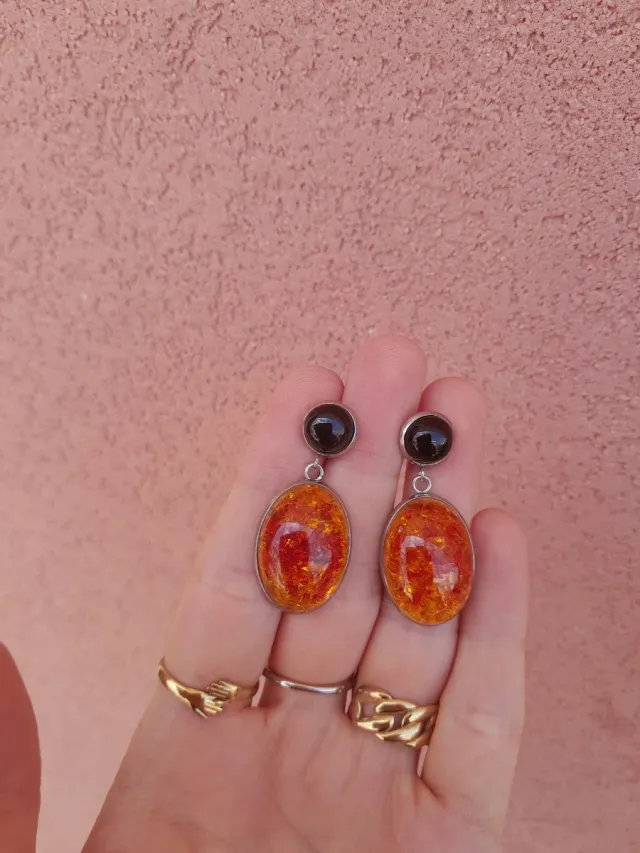 Orecchini vintage agata nera e ambra finta 