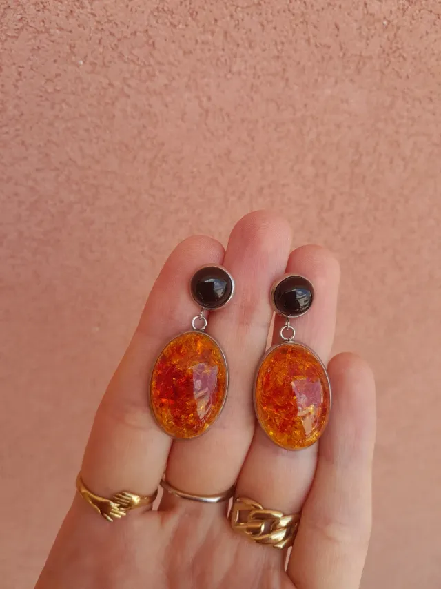 Orecchini vintage agata nera e ambra finta 