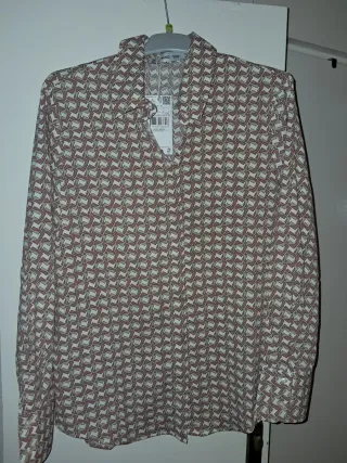 Camisa Mango Estampada Beige, Blanco y Rosa