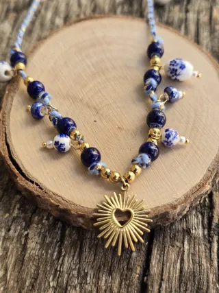 Collar Corazón Azul y Dorado
