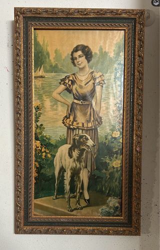 Cuadro antiguo mujer y perro