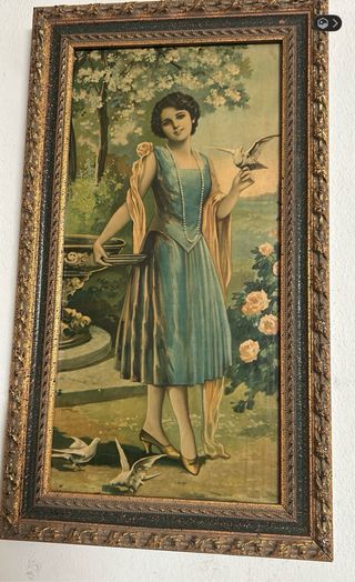 Cuadro antiguo mujer y perro