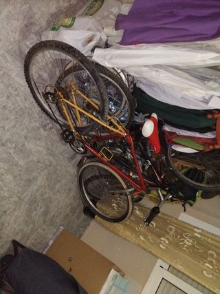 Bicicleta de montaña roja falta cambiar las ruedas