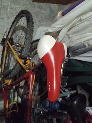 Bicicleta de montaña roja falta cambiar las ruedas