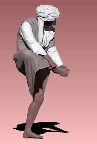 Pastor limpiándose el pie para Belén en 3D