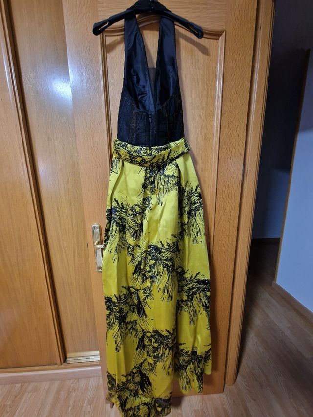 Vestido largo fiesta negro y amarillo