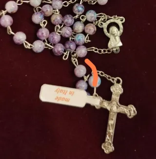 Rosario vetro viola con croce e scatola