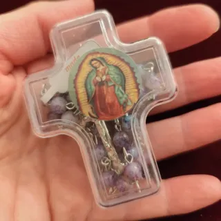 Rosario vetro viola con croce e scatola