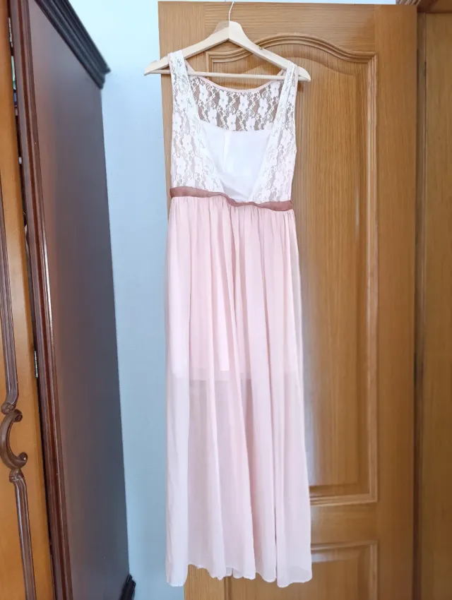 Vestido longo rosa e branco