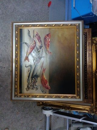 Cuadro antiguo bodegón pescado y calamar