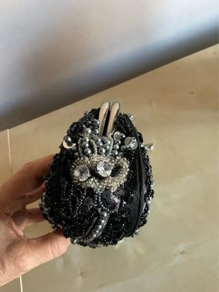 Pochette Raso Nero Perline Argento Vintage