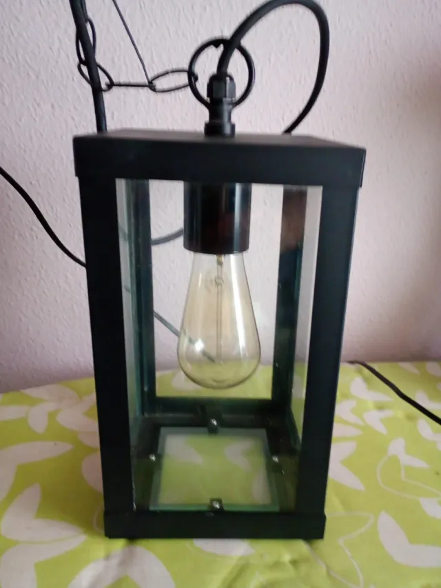 Lámpara Farol Negra Metal y Cristal