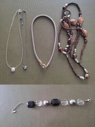 4 collares y 1 pulsera plata y marrón