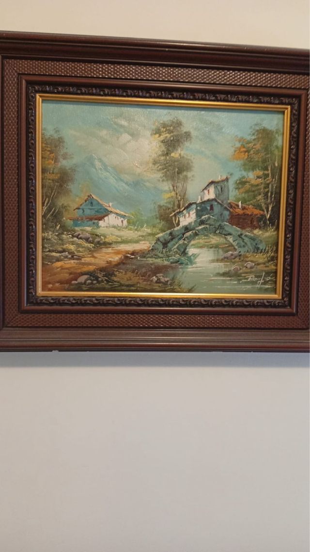 Cuadro paisaje puente y casas 2 cuadros hermosos 