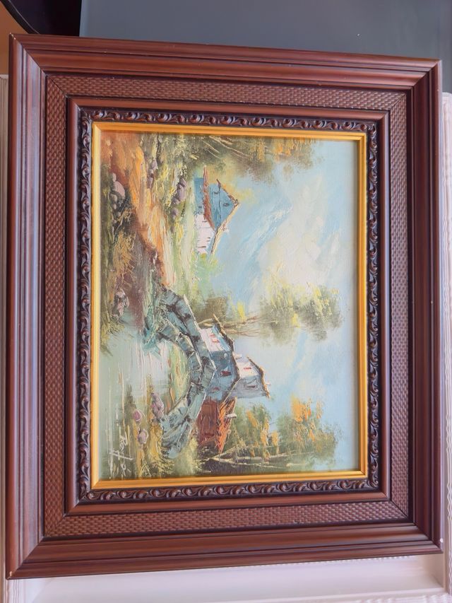 Cuadro paisaje puente y casas 2 cuadros hermosos 