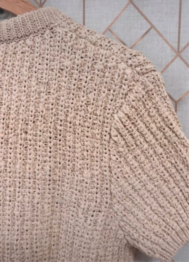 Cárdigan punto beige con lazada organza