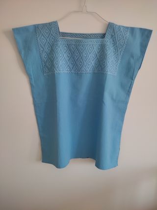 Blusa Huipil Mexicana Bordada Azul