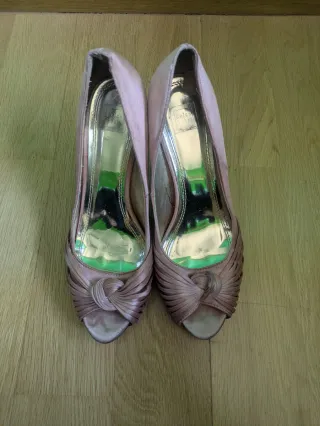 Tacones fiesta tela satén oro rosa