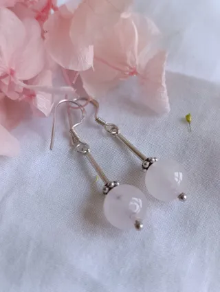 Pendientes Plata y Cuarzo Rosa Bolas