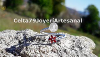 Anillo Acero Ajustable Cuarzo y Circonita Roja