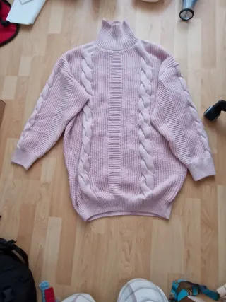 Jersey vestido punto cuello alto rosa