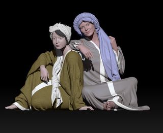 Pareja de pastoras sentadas para Belén en 3D