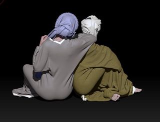 Pareja de pastoras sentadas para Belén en 3D