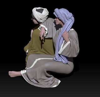 Pareja de pastoras sentadas para Belén en 3D