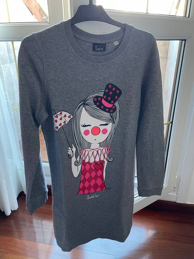 Vestido Anabel Lee gris con dibujo de payaso