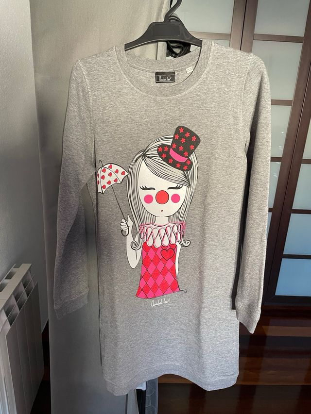 Vestido Anabel Lee gris con dibujo de payaso