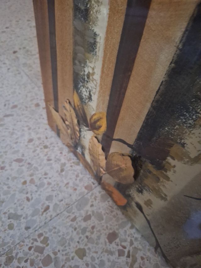 Cuadro relieve metal y madera hojas