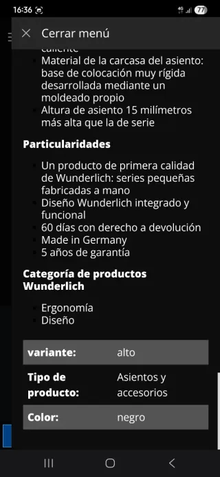 Asiento Wunderlich AKTIVKOMFORT ideal alturas 1.60