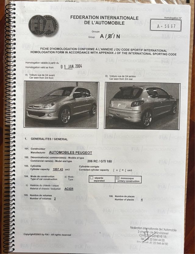 Ficha de homologación FIA para rallyes de 206 rc