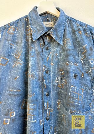 Camisa vintage Happy Life azul geométrica