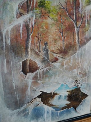 Paesaggio con finestra in legno e vetro