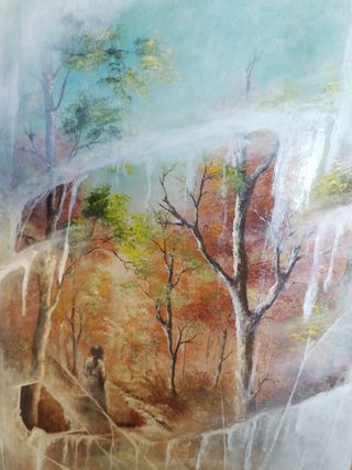 Paesaggio con finestra in legno e vetro
