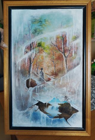 Paesaggio con finestra in legno e vetro