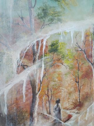 Paesaggio con finestra in legno e vetro