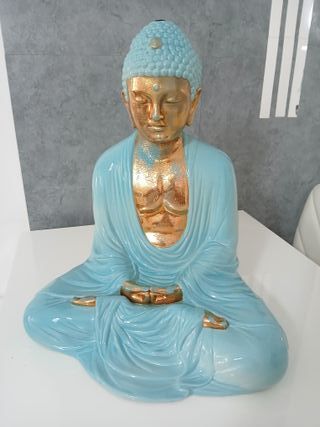 Statua Buddha Ceramica Blu Oro Meditazione