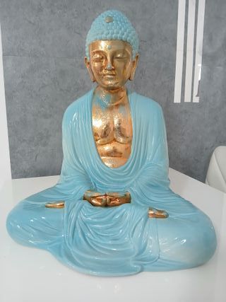 Statua Buddha Ceramica Blu Oro Meditazione