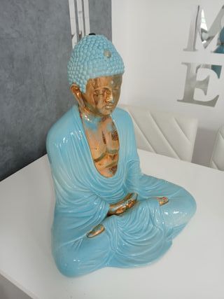Statua Buddha Ceramica Blu Oro Meditazione