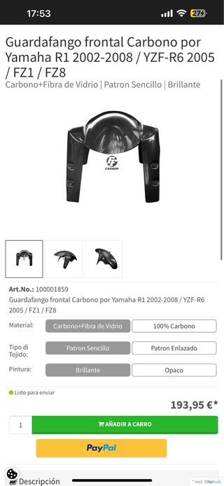 Guardabarros Delantero Carbono Yamaha R1 07-08