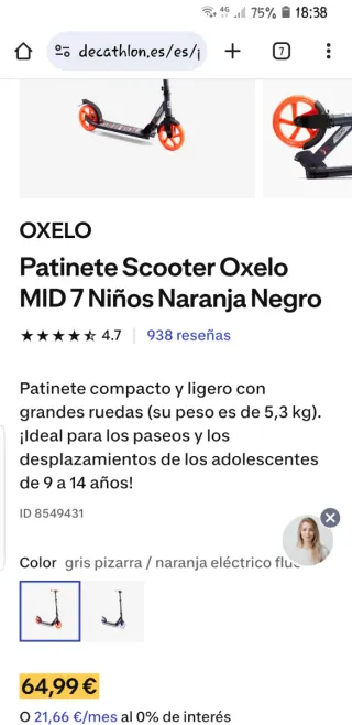 Patinete Scooter Oxelo MID 7 Niños Naranja Negro. 