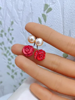 Pendientes Perla Natural y Coral Rojo Plata 
