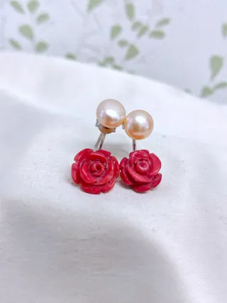 Pendientes Perla Natural y Coral Rojo Plata 