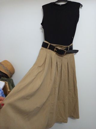 Vestido largo mujer beige y negro